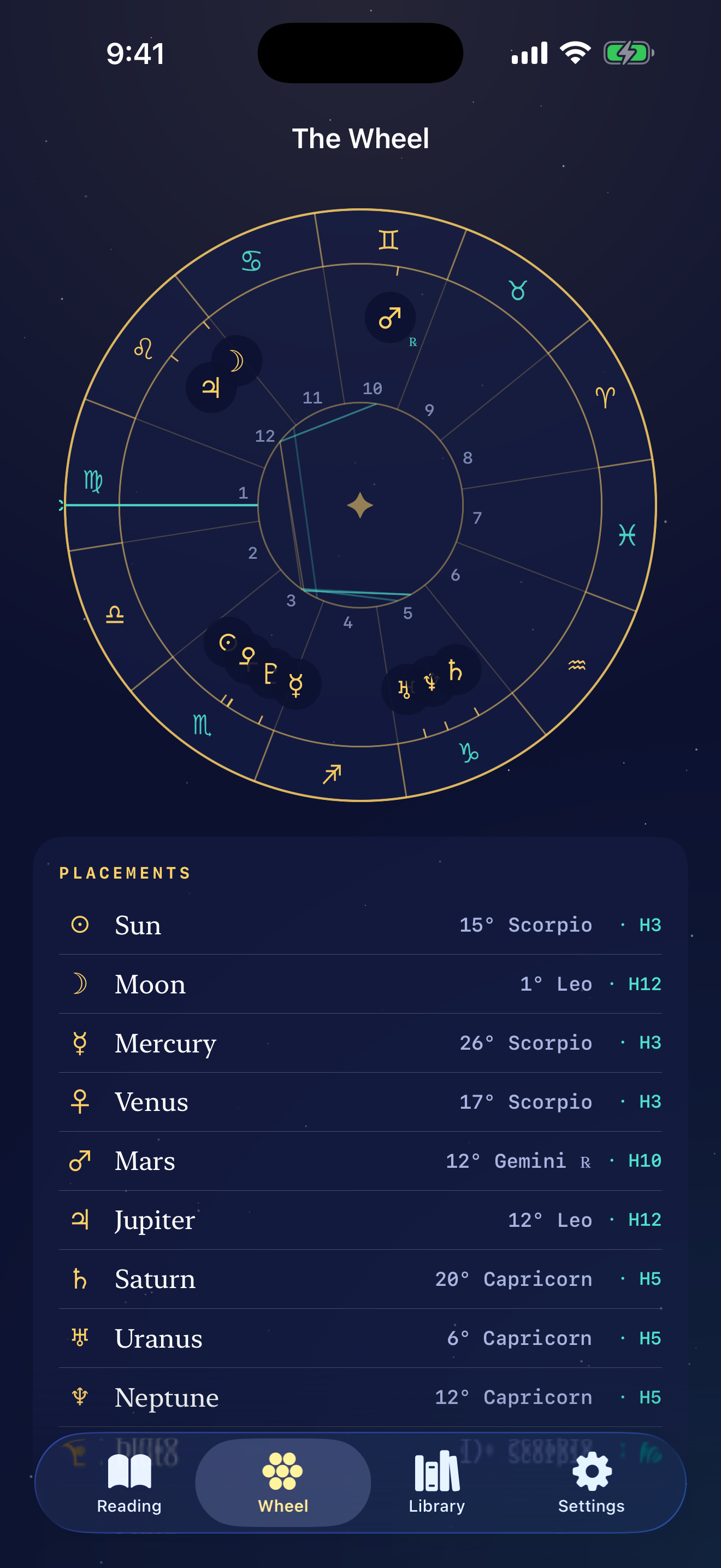 Your natal chart wheel, computed to the arc-minute